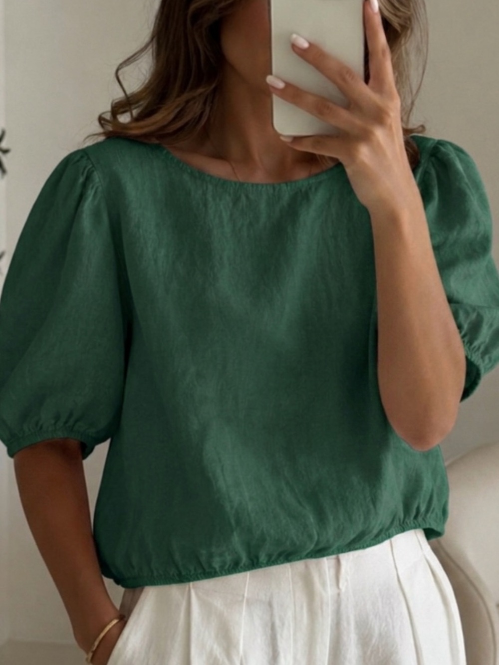Bellambra 100% Linen Cropped Blouse – Oil Green Size:L